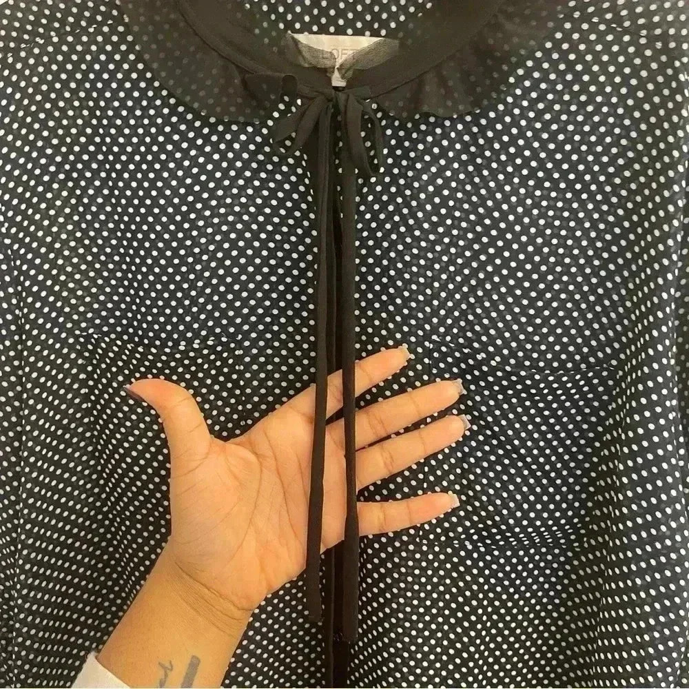 Sheer Button Down Polka Dot Blouse with Bow (Navy Blue, Black and White) - Picture 6 of 10